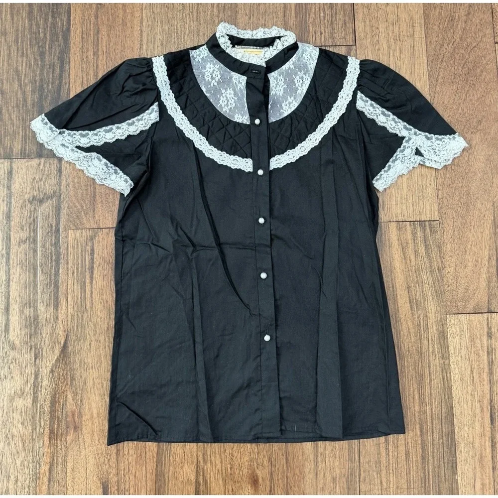 Vintage 70s Jeri Bee Black Prairie Shirt Lace Western Rockabilly Hippie Small - Picture 1 of 6